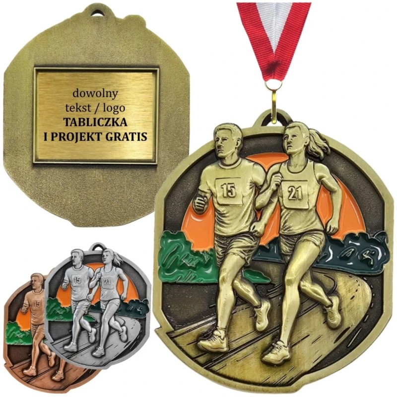 Duży medal tłoczony z emalią na maraton i biegi przełajowe z grawerem oraz szarfą Duży medal tłoczony z emalią na maraton i biegi przełajowe z grawerem oraz szarfą