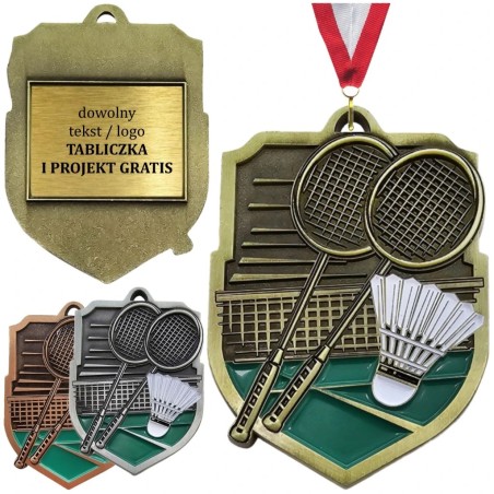 Duży medal tłoczony Badminton z tabliczką oraz szarfą