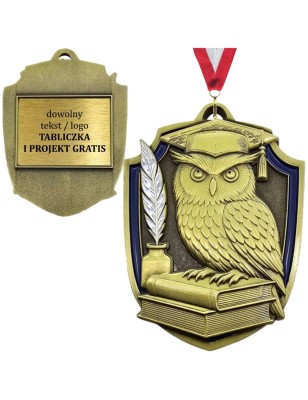 Duży złoty medal tłoczony sowa mądrości dla nauczyciela absolwenta z grawerem oraz szarfą