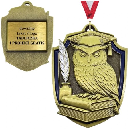 Duży złoty medal tłoczony sowa mądrości dla nauczyciela absolwenta z grawerem oraz szarfą