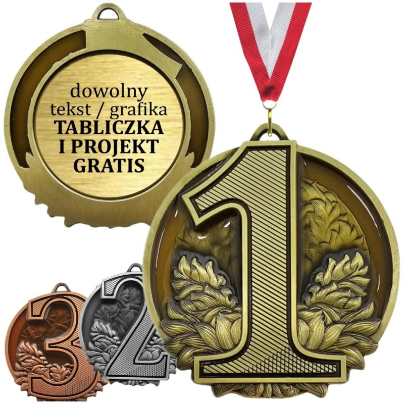 Medal podium z cyfrą 1 2 3 – duże uniwersalny medal tłoczony z grawerem oraz szarfą Medal podium z cyfrą 1 2 3 – duże uniwersalny medal tłoczony z grawerem oraz szarfą