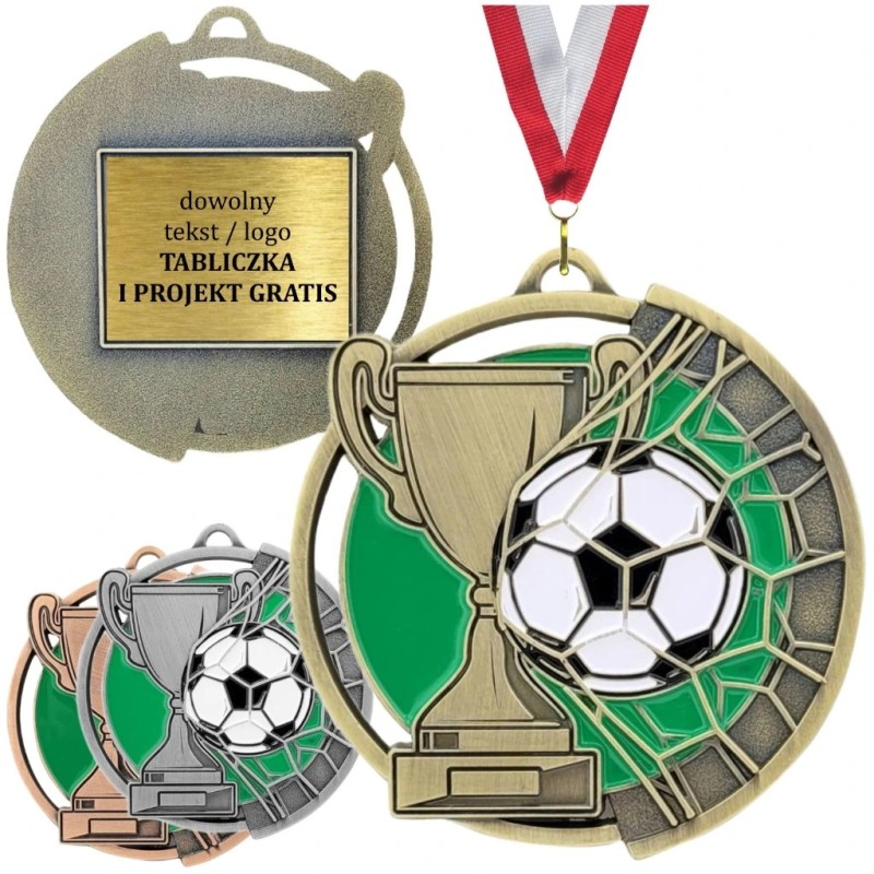 Duży medal tłoczony piłka nożna z tabliczką oraz szarfą Duży medal tłoczony piłka nożna z tabliczką oraz szarfą