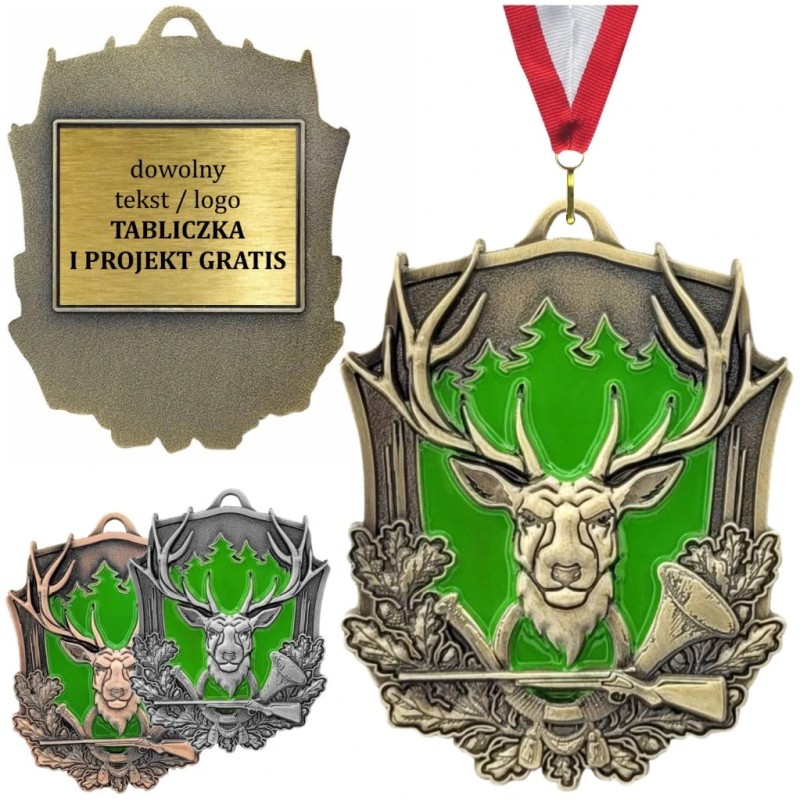 Masywny medal myśliwski tłoczony z głową jelenia z wklejką i szarfą łowiecki rogacz strzelba na hubertowiny Masywny medal myśliwski tłoczony z głową jelenia z wklejką i szarfą łowiecki rogacz strzelba na hubertowiny