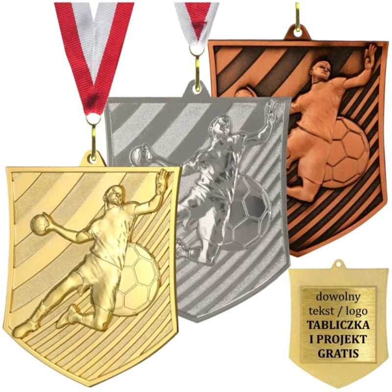 Medal piłka ręczna odlewany duży turniejowy z tabliczką i szarfą Medal piłka ręczna odlewany duży turniejowy z tabliczką i szarfą