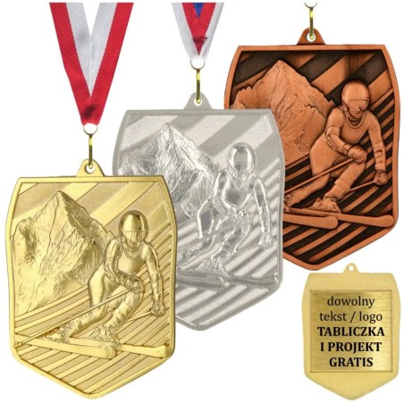 Medal narciarski odlewany duży pamiątkowy z wklejką i szarfą