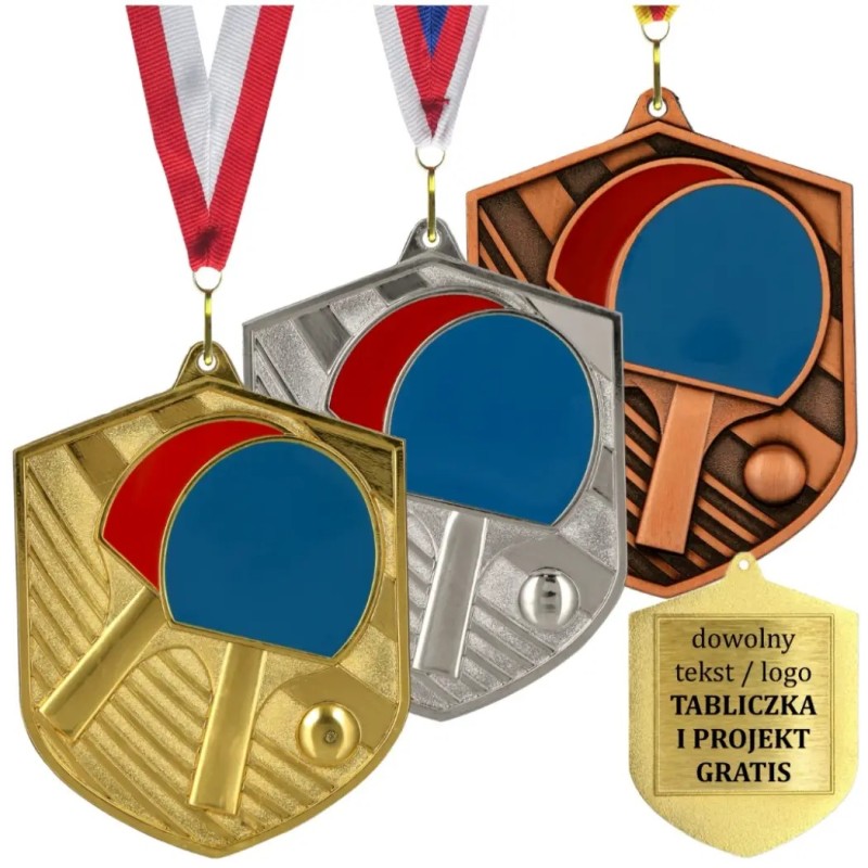 Medal tenis stołowy odlewany duży z emalią z grawerem i szarfą Medal tenis stołowy odlewany duży z emalią z grawerem i szarfą