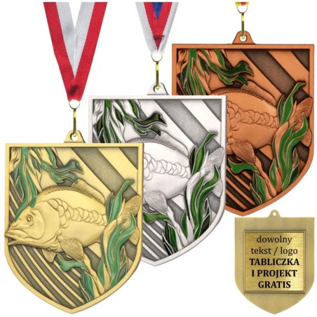 Medal wędkarski odlewany duży z emalią z wklejką i szarfą
