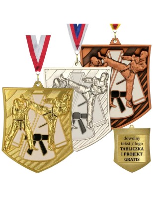 Medal karate sporty walki odlewany duży z emalią z tabliczką i szarfą