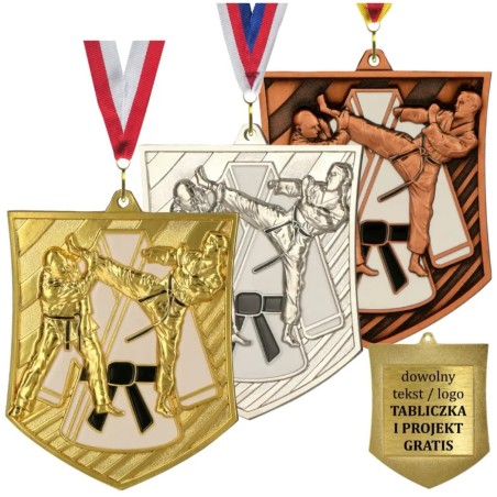 Medal karate sporty walki odlewany duży z emalią z tabliczką i szarfą