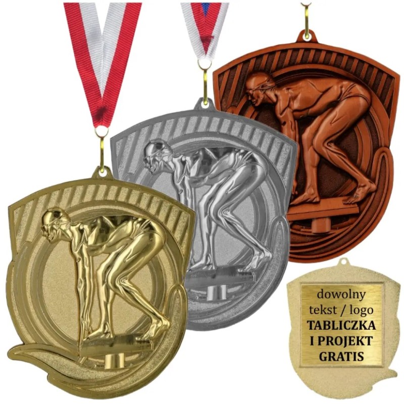 Medal pływacki odlewany duży mistrzowski z wklejką i szarfą