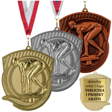 Medal pływacki odlewany duży mistrzowski z wklejką i szarfą