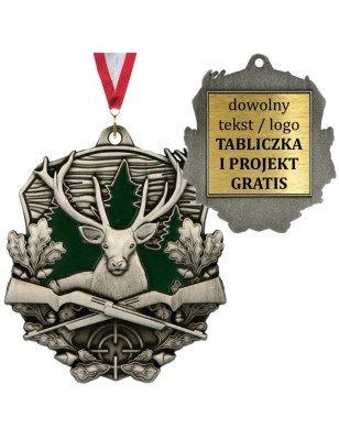 Medal myśliwski odlewany duży jeleń z grawerem i szarfą