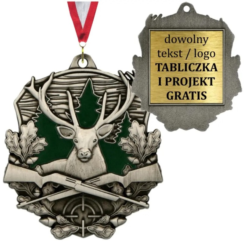 Medal myśliwski odlewany duży z grawerem i szarfą