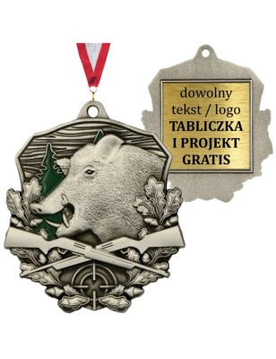 Medal myśliwski odlewany duży dzik z emalią z tabliczką i szarfą