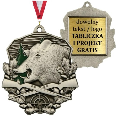 Medal myśliwski odlewany duży dzik z emalią z tabliczką i szarfą
