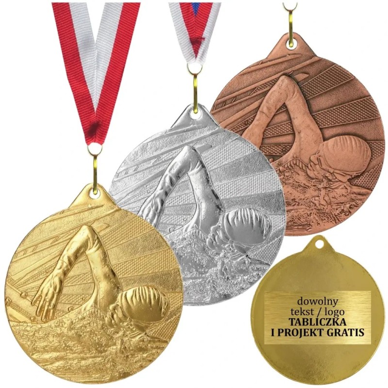 Medal pływacki pływanie 5cm z nadrukiem i szarfą w cenie Medal pływacki pływanie 5cm z nadrukiem i szarfą w cenie