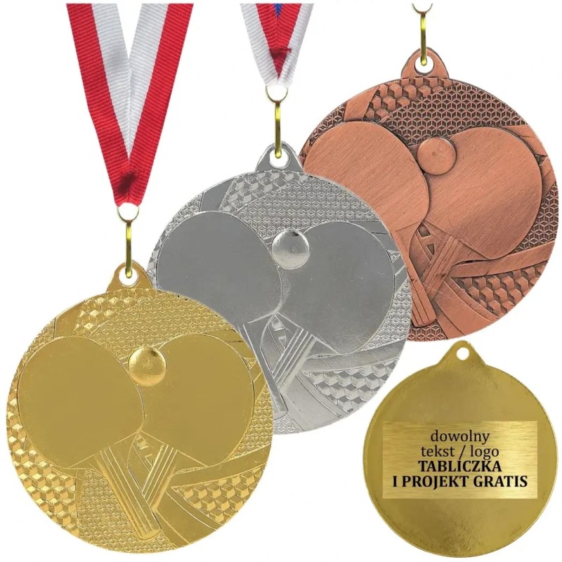Gotowy medal tenis stołowy ping-pong 5cm z nadrukiem i szarfą Gotowy medal tenis stołowy ping-pong 5cm z nadrukiem i szarfą