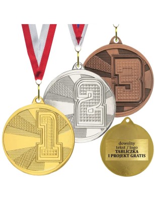Gotowy medal za miejsca 1 2 3 nowoczesny 5cm z nadrukiem i szarfą