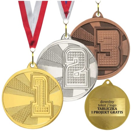 Gotowy medal za miejsca 1 2 3 nowoczesny 5cm z nadrukiem i szarfą