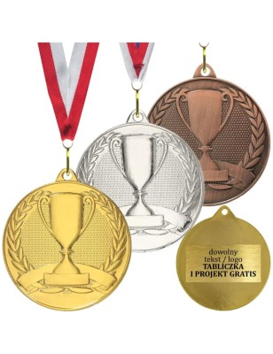 Gotowy medal sportowy uniwersalny na zamówienie z własnym nadrukiem i szarfą