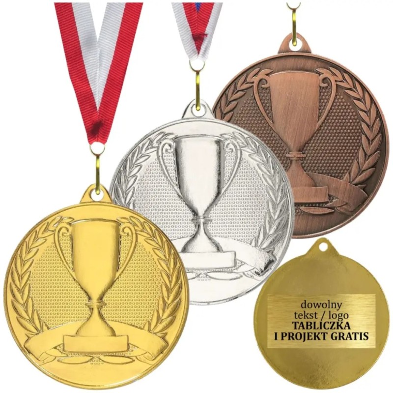 Gotowy medal sportowy uniwersalny na zamówienie z własnym nadrukiem i szarfą Gotowy medal sportowy uniwersalny na zamówienie z własnym nadrukiem i szarfą