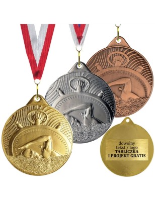 Gotowy medal pływacki zawody pływanie na zamówienie z własnym nadrukiem i szarfą 5cm