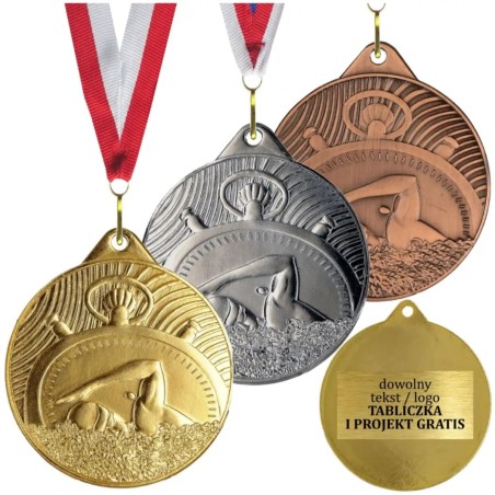 Gotowy medal pływacki zawody pływanie na zamówienie z własnym nadrukiem i szarfą 5cm