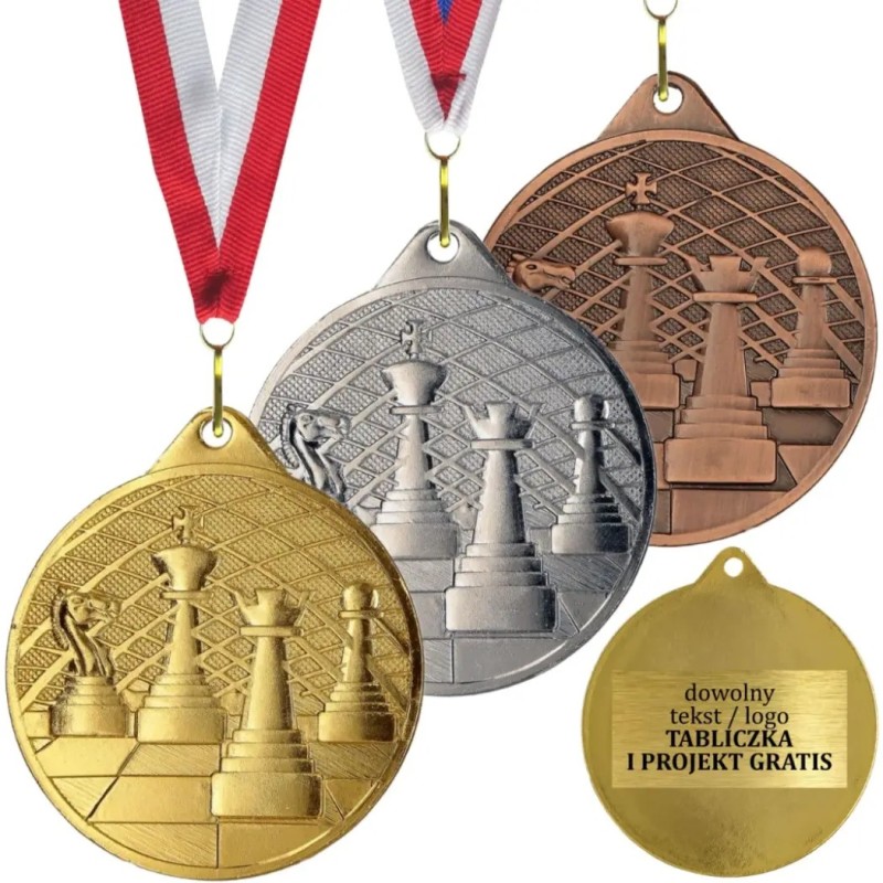Gotowy medal szachowy szachy z własnym nadrukiem i szarfą Gotowy medal szachowy szachy z własnym nadrukiem i szarfą