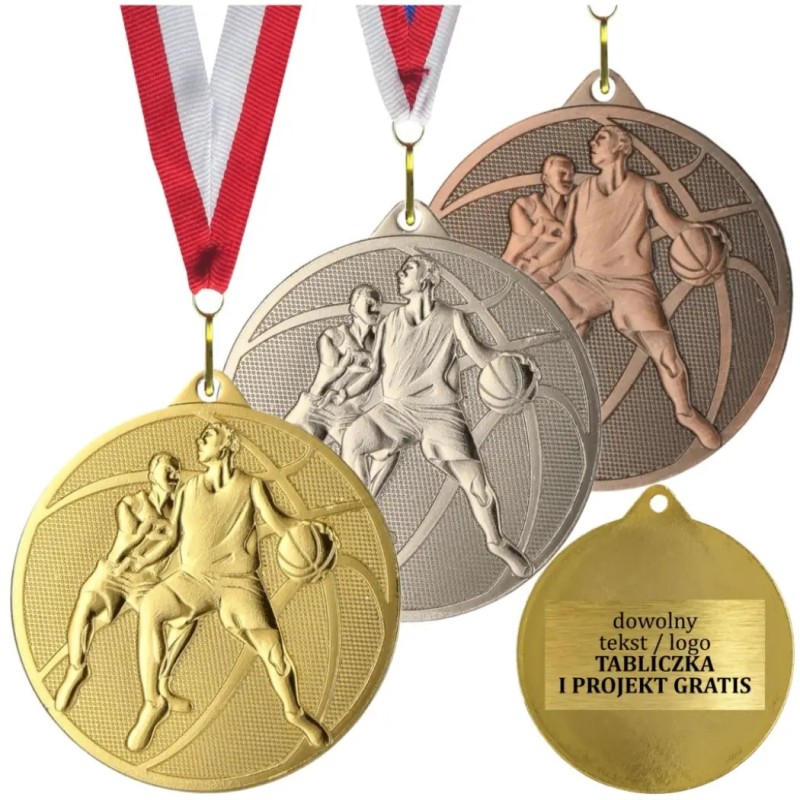 Gotowy medal koszykarski na turniej koszykówki z własnym nadrukiem i szarfą Gotowy medal koszykarski na turniej koszykówki z własnym nadrukiem i szarfą