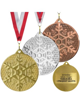 Gotowy medal zimowy śnieżynka sporty zimowe z własnym nadrukiem i szarfą