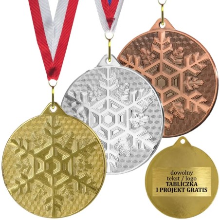Gotowy medal zimowy śnieżynka sporty zimowe z własnym nadrukiem i szarfą