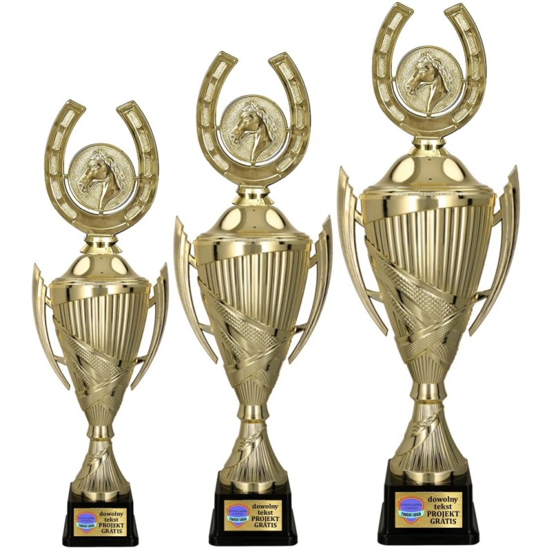 Komplet Pucharów Sportowych z figurką Jeździectwo 40-35-32 cm + Tabliczki gratis Podkowa Komplet Pucharów Sportowych z figurką Jeździectwo 40-35-32 cm + Tabliczki gratis Podkowa
