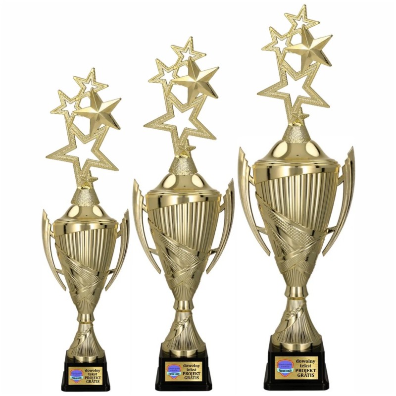 Komplet Pucharów Sportowych z figurką Gwiazd 45-40-37 cm+ tabliczki w cenie Uniwersalne Komplet Pucharów Sportowych z figurką Gwiazd 45-40-37 cm+ tabliczki w cenie Uniwersalne