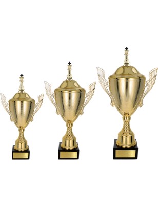 Złoty zestaw Pucharów z figurką szachy - komplet trzech sztuk