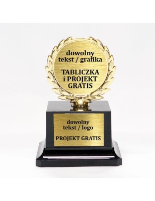 Statuetka z liściem laurowym i dwiema tabliczkami z nadrukiem – nagroda na konkurs szkolny i zakończenie roku